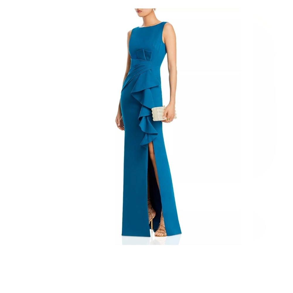 Eliza J Sleeveless Cascading Ruffle Gown with Side Slit in Teal Wedding Guest